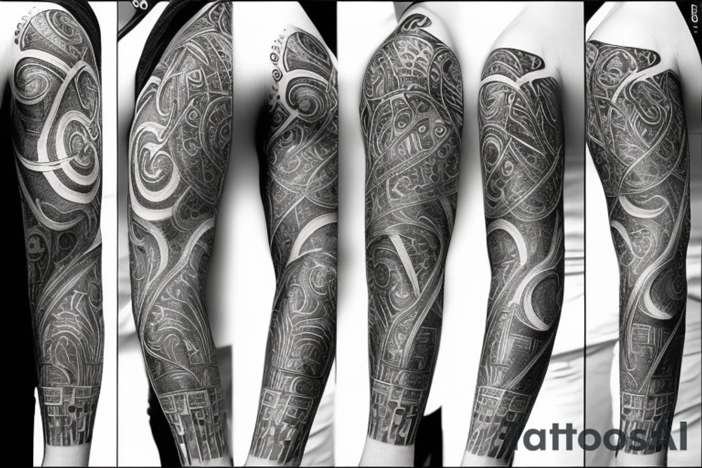 stoicism related tattoo sleeve incorporating light at the end of the tunnel tattoo idea