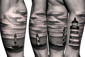 Marcus Aelius with a boat and light house and a horse tattoo idea