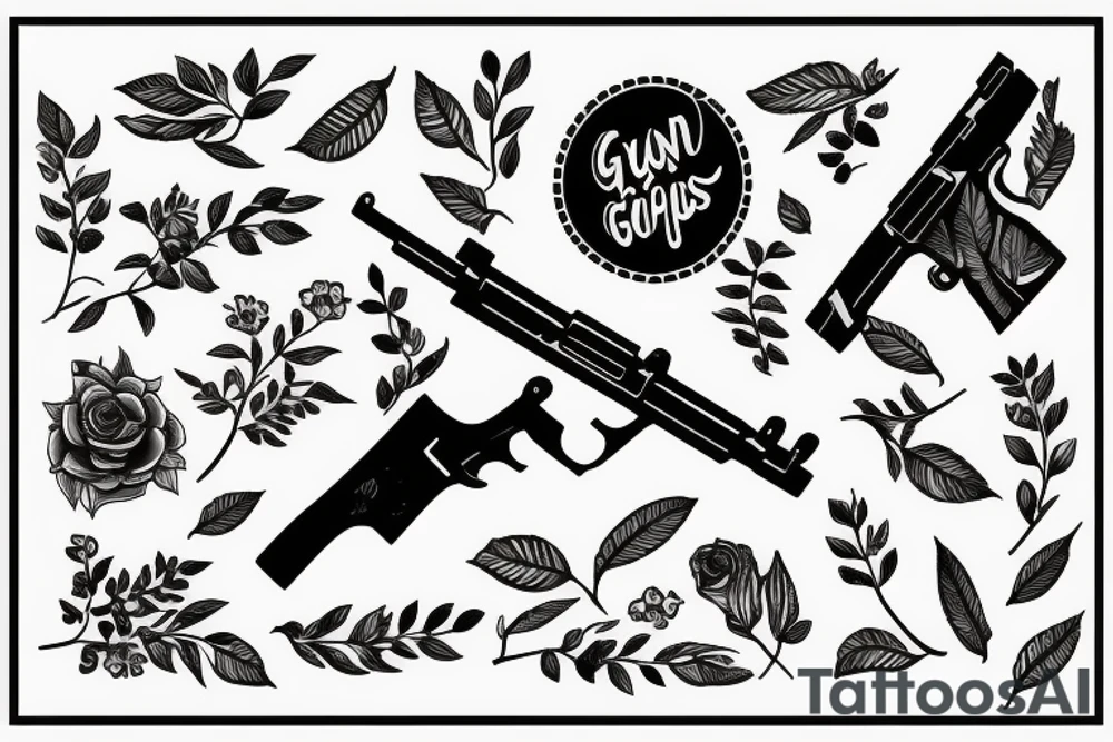 A gun with flowers and leaves tattoo idea