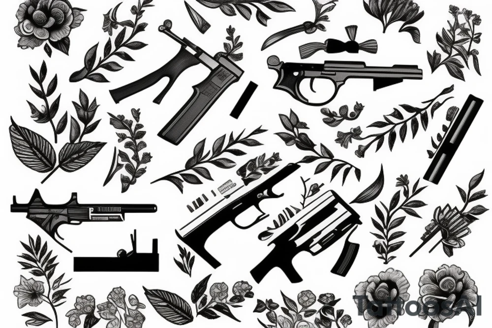 A gun with flowers and leaves tattoo idea