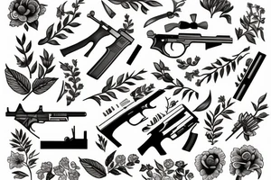 A gun with flowers and leaves tattoo idea