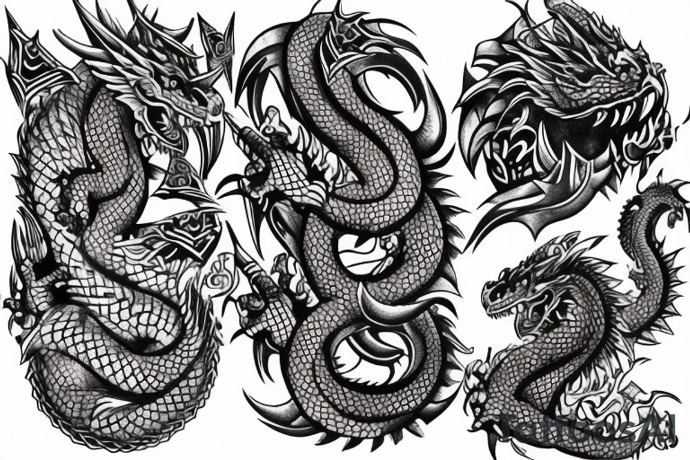 bicep to shoulder with dragon scales and hinduism tattoo idea