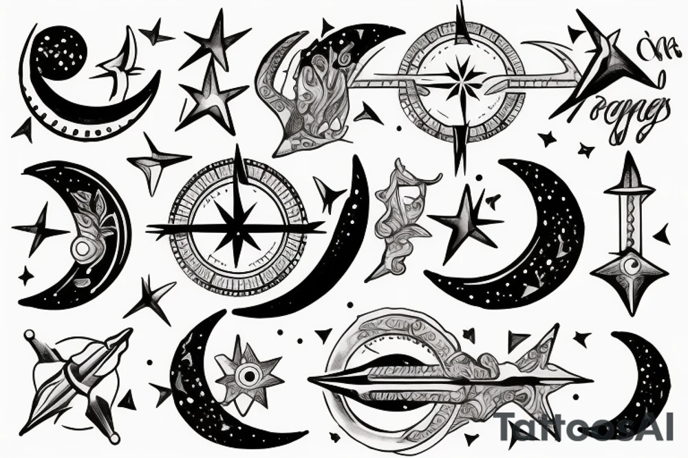 Crescent moon arrow compass tattoo idea