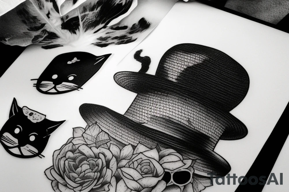 cat wearing a straw hat, dark intense shadows tattoo idea cat wearing a straw hat, dark intense shadows tattoo idea