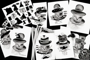 cat wearing a straw hat, dark intense shadows tattoo idea