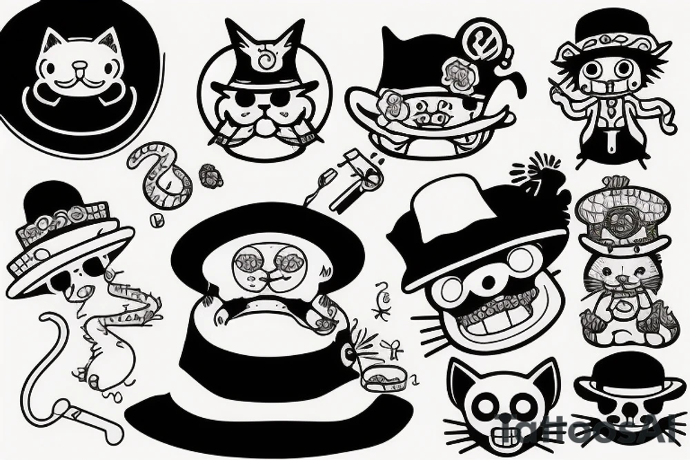 sit down cat wearing a straw hat from one piece tattoo idea