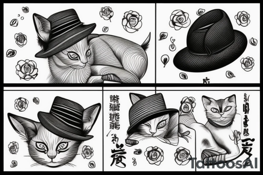 sleeping siamese cat wearing a straw hat tattoo idea