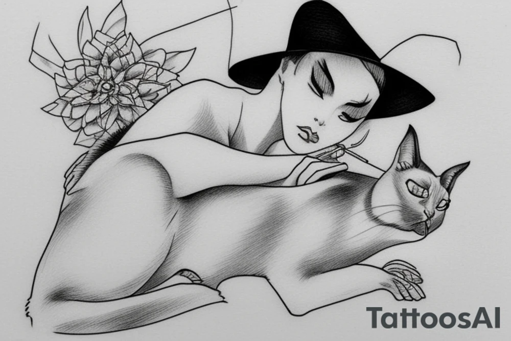 sleeping siamese cat wearing a straw hat tattoo idea