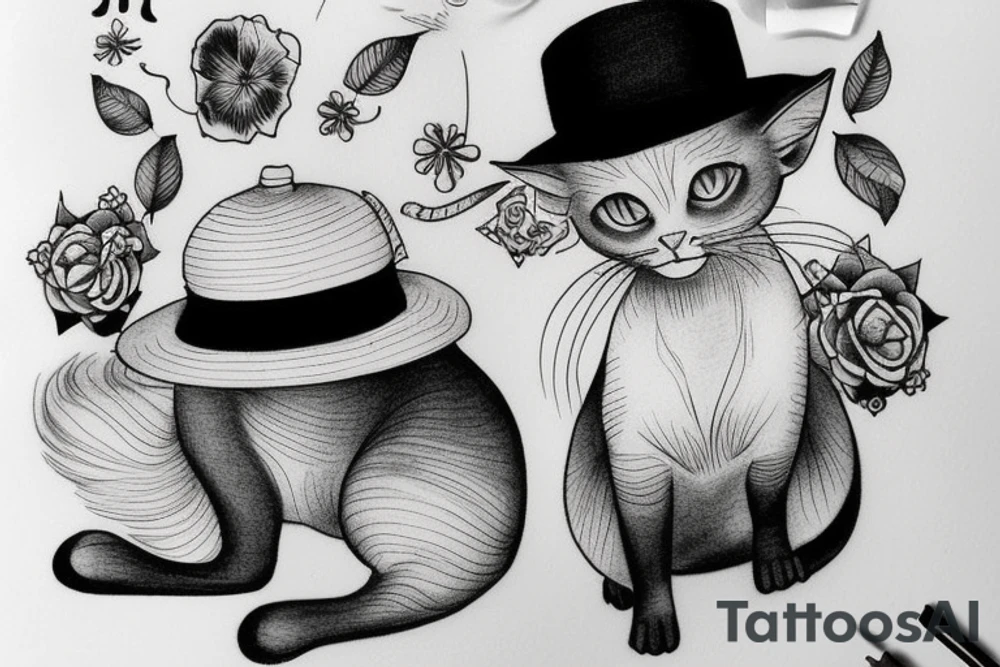 siamese cat, sit down, wearing a small straw hat like one piece tattoo idea