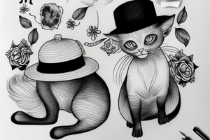 siamese cat, sit down, wearing a small straw hat like one piece tattoo idea