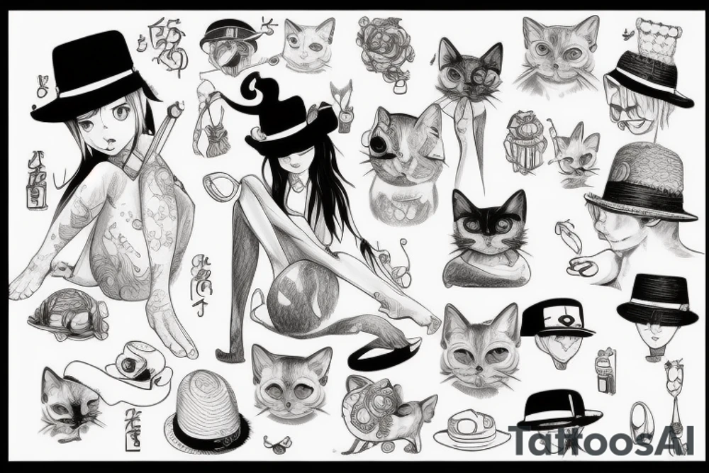 siamese cat, sit down, wearing a small straw hat like one piece tattoo idea