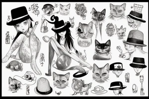 siamese cat, sit down, wearing a small straw hat like one piece tattoo idea