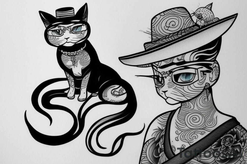 siamese cat, sit down, wearing a small straw hat like one piece tattoo idea