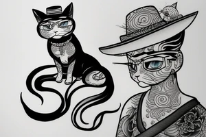 siamese cat, sit down, wearing a small straw hat like one piece tattoo idea