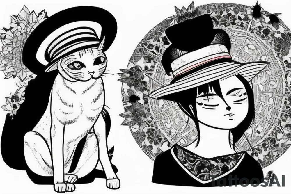 siamese cat, sit down, wearing a small straw hat like one piece tattoo idea