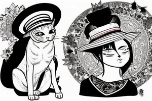 siamese cat, sit down, wearing a small straw hat like one piece tattoo idea