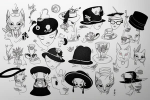 siamese cat, sit down, wearing a small straw hat like one piece tattoo idea