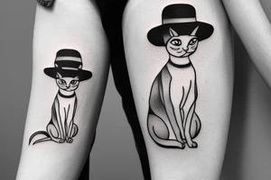 siamese cat, sit down, wearing a small straw hat like one piece tattoo idea