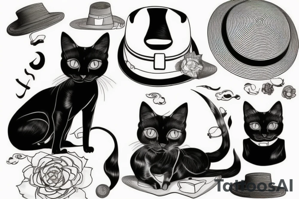 siamese cat, sit down, wearing a small straw hat like one piece tattoo idea
