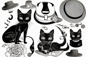 siamese cat, sit down, wearing a small straw hat like one piece tattoo idea