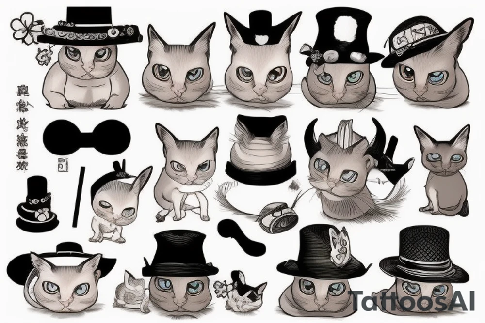 siamese cat, sit down, wearing a small straw hat like one piece tattoo idea