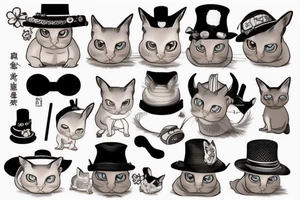 siamese cat, sit down, wearing a small straw hat like one piece tattoo idea