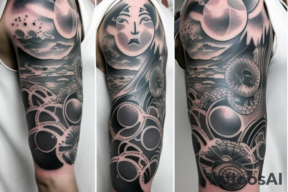 japanese styla man arm tatto space tattoo idea