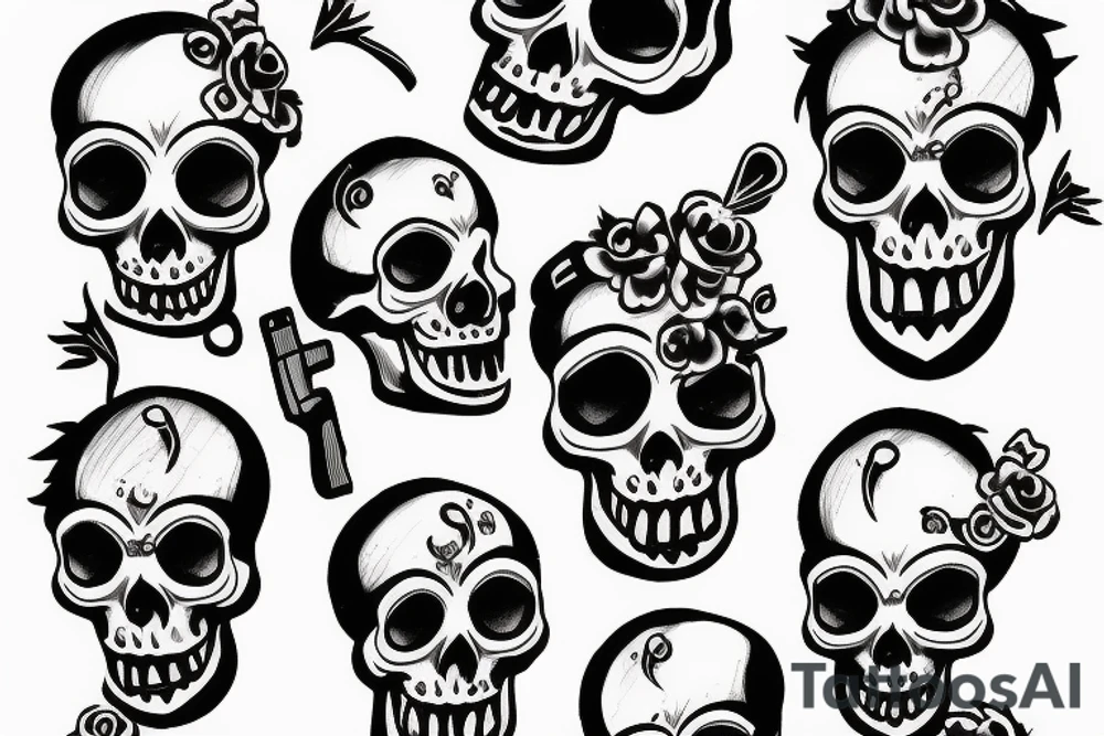 Skull cupids dancing with guns tattoo idea
