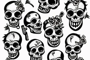 Skull cupids dancing with guns tattoo idea
