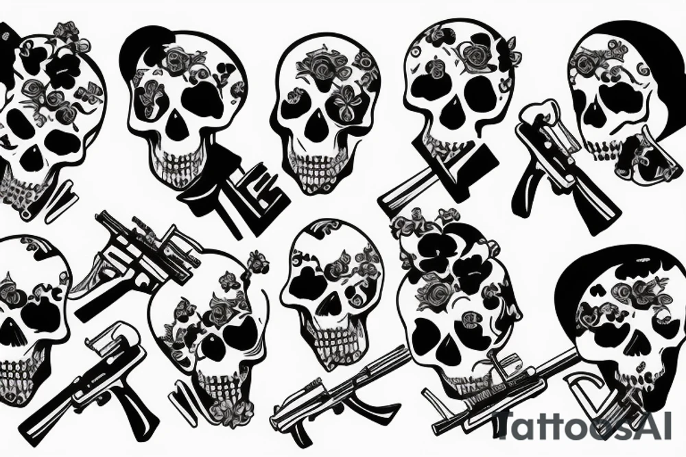 Skull cupids dancing with guns tattoo idea