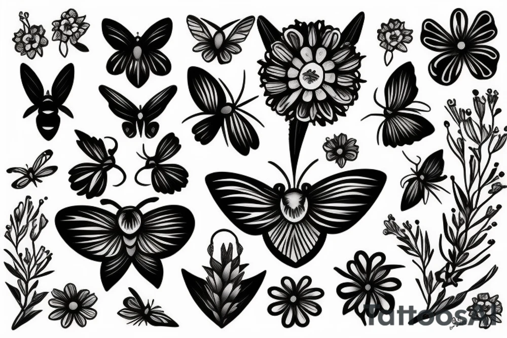 Moth and a knife with flowers tattoo idea