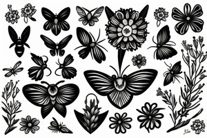 Moth and a knife with flowers tattoo idea