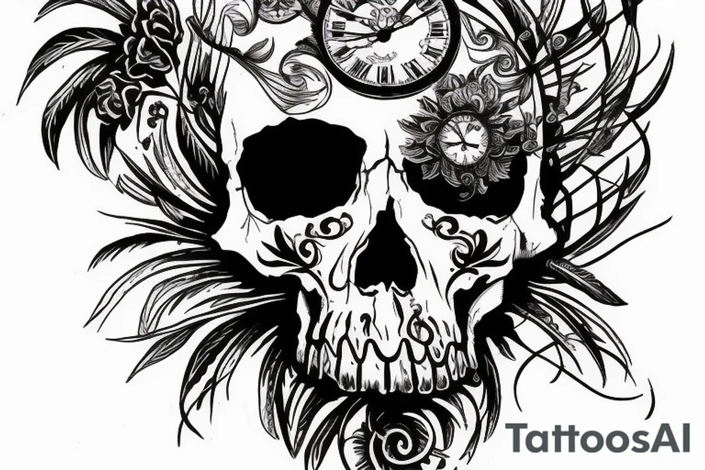 Skull eagle Lilly clock tattoo idea