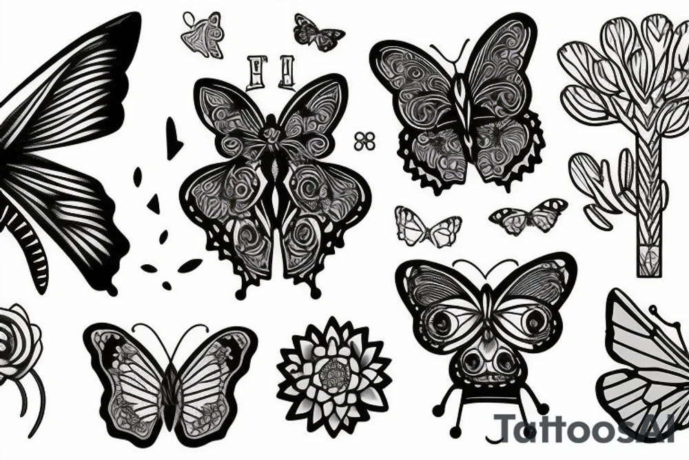 Bear, butterfly, Joshua tree, flowers, jewelry tattoo idea