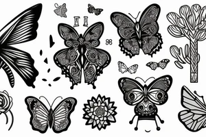 Bear, butterfly, Joshua tree, flowers, jewelry tattoo idea