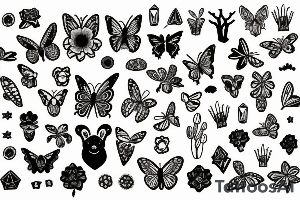 Bear, butterfly, Joshua tree, flowers, jewelry tattoo idea