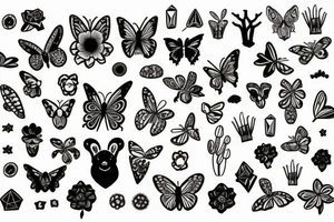 Bear, butterfly, Joshua tree, flowers, jewelry tattoo idea
