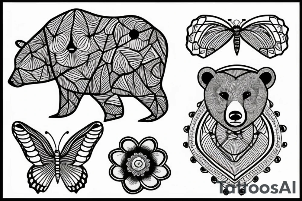 Bear, butterfly, Joshua tree, flowers, jewelry tattoo idea Bear, butterfly, Joshua tree, flowers, jewelry tattoo idea