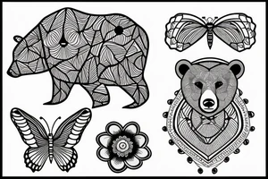 Bear, butterfly, Joshua tree, flowers, jewelry tattoo idea