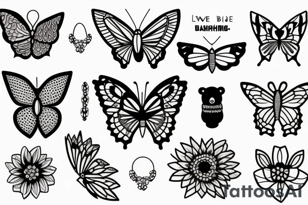 Bear, butterfly, Joshua tree, flowers, jewelry, love tattoo idea