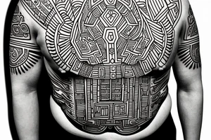 A mayan inspired liberation theology fist with decorative line work and the words "in his name all oppression shall cease" tattoo idea