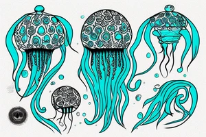 jellyfish gargona turquoise color shines around the edges and head in the center tattoo idea