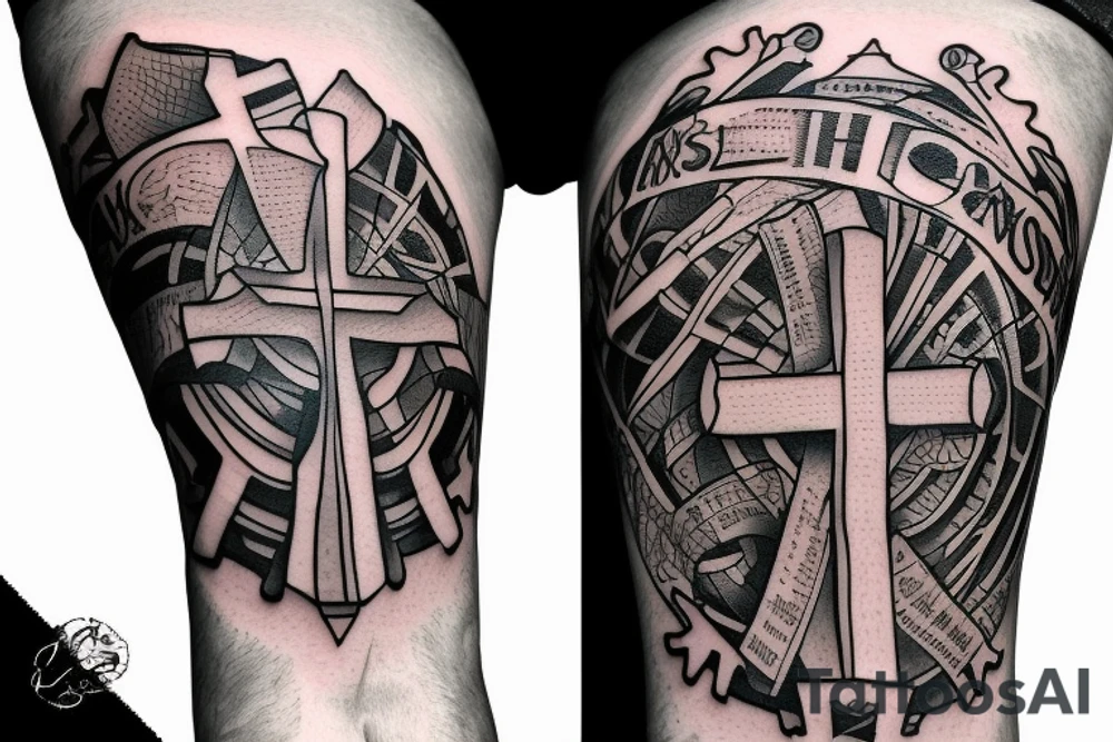 A fist holding a cross and rosary with decorative line work and the words "in his name all oppression shall cease" tattoo idea