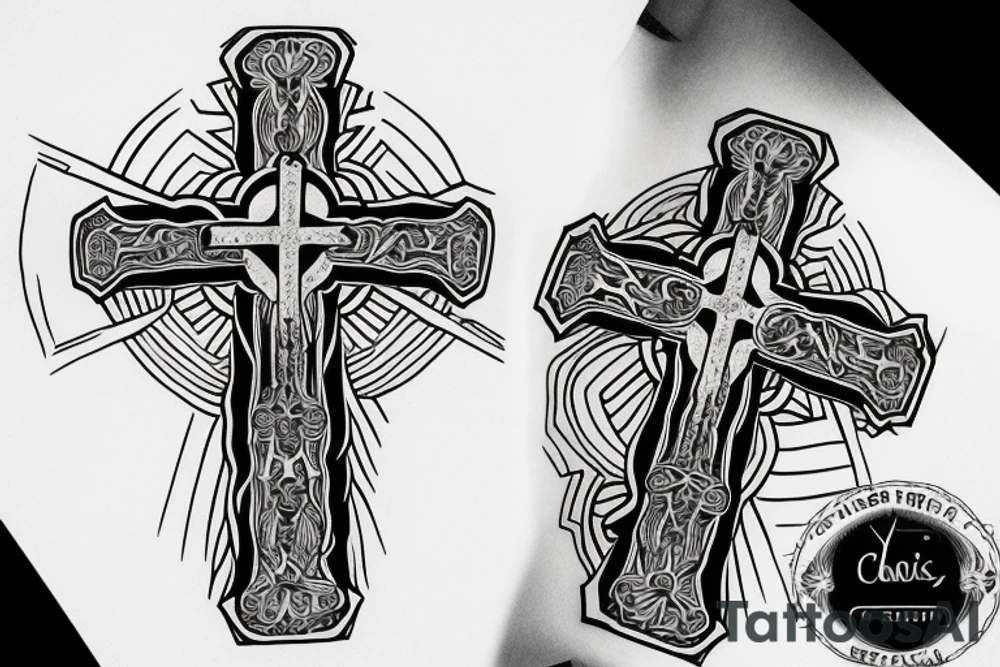 A fist holding a cross and rosary with decorative line work and the words "in his name all oppression shall cease" tattoo idea