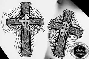 A fist holding a cross and rosary with decorative line work and the words "in his name all oppression shall cease" tattoo idea