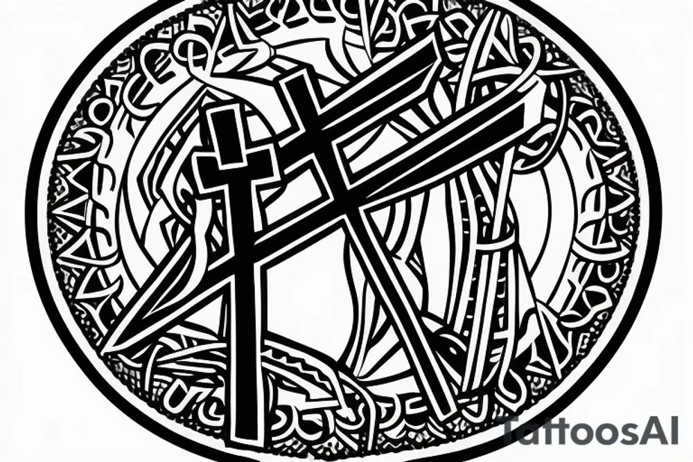 A fist holding a cross and rosary and the words "in his name all oppression shall cease" tattoo idea