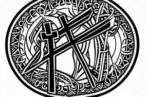 A fist holding a cross and rosary and the words "in his name all oppression shall cease" tattoo idea