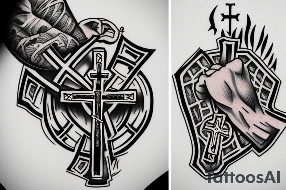 A fist holding a cross and rosary and the words "in his name all oppression shall cease" tattoo idea