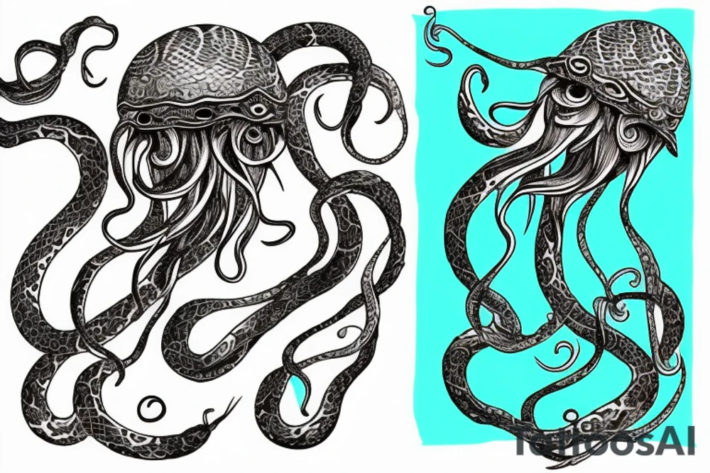 man jellyfish gargona with snakes from the head m turquoise tints like sunset tattoo idea