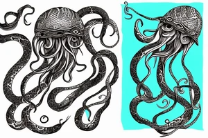 man jellyfish gargona with snakes from the head m turquoise tints like sunset tattoo idea
